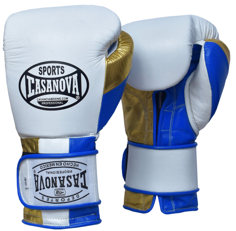 Casanova Boxing® Hook & Loop Training Gloves- White-Metallic Gold/Blue