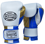 Casanova Boxing® Hook & Loop Training Gloves- White-Metallic Gold/Blue Thumb