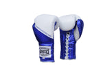 Casanova Boxing® Professional Lace Up Training Gloves - White w/ Blue Thumb